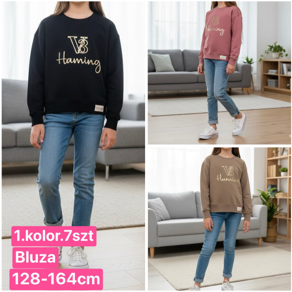 Bluzki dziewczęce Roz 128-164, 1 kolor Paczka 7 szt